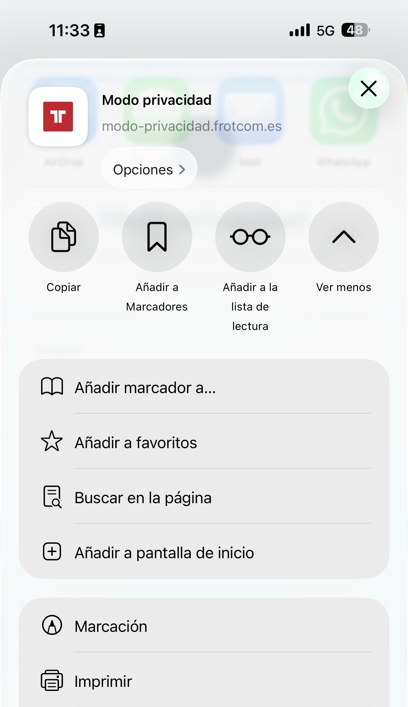 Hoja de Compartir con Añadir a pantalla de inicio