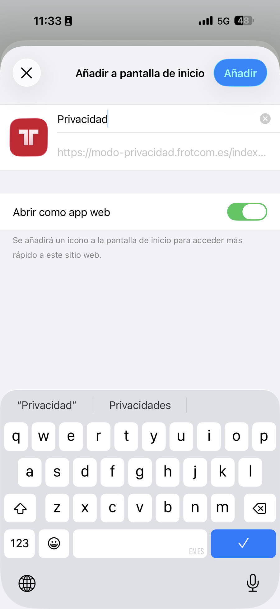 Pantalla para nombrar el acceso y botón Añadir
